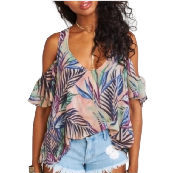 Show Me Your MuMu Tops - Show Me Your Mumu Hazel Palm Ruffle Cold Shoulder